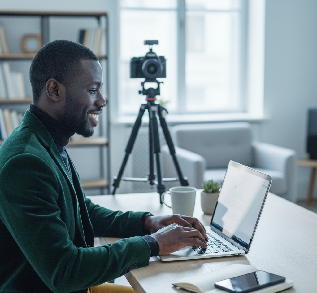 Man in green blazer looking at laptop with tripod set up