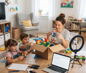 parenting blogger reviewing toys for a brand with her children