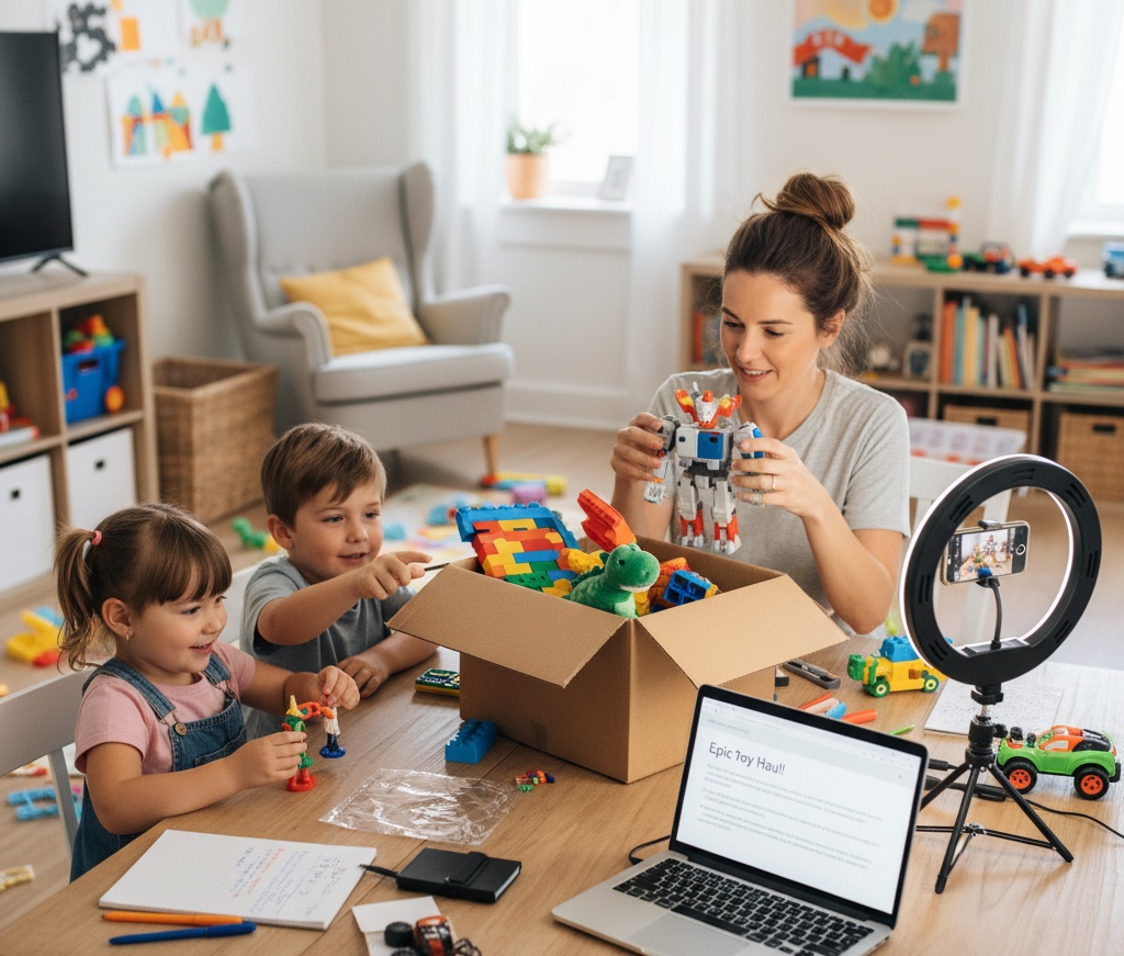 parenting blogger reviewing toys for a brand with her children