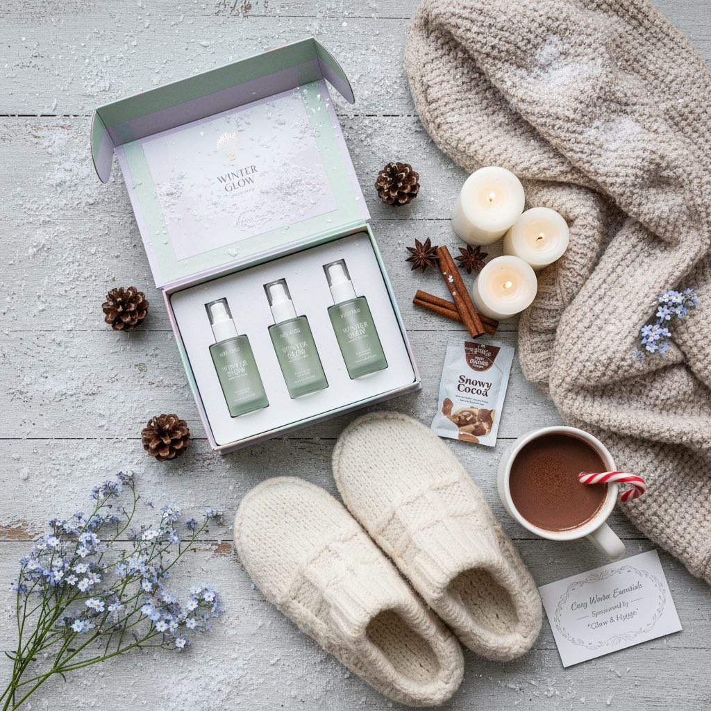 Cosy winter beauty box blogger flatlay